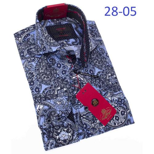 Axxess Sky Blue / Navy Blue / Black / White Paisley 100% Cotton Modern Fit Dress Shirt 28-05.