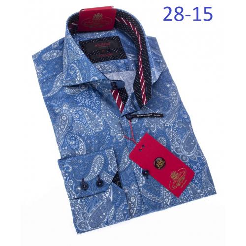 Axxess Turquoise Blue Paisley 100% Cotton Modern Fit Dress Shirt 28-15.