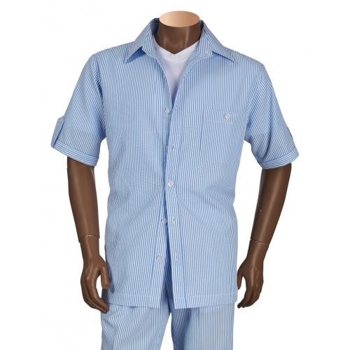 Giorgio Inserti Light Blue / White Seersucker Button Up Short Set Outfit 739-14