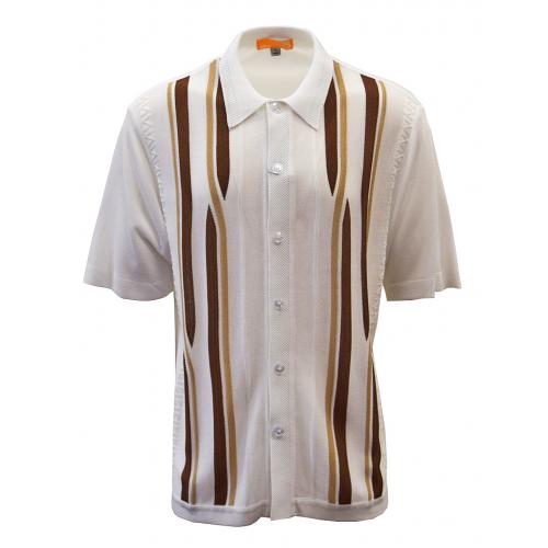 Silversilk White / Brown / Camel Lined Design Button Up Knitted Short Sleeve Shirt 4100