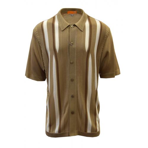Silversilk Tan / Camel / White Lined Design Button Up Knitted Short Sleeve Shirt 4100