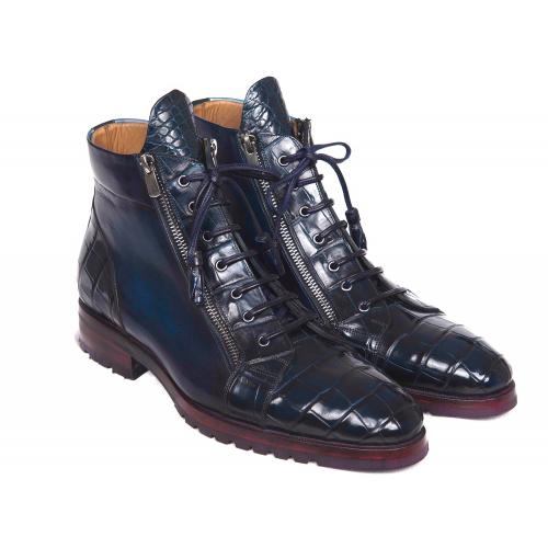 Paul Parkman "82CBL41" Blue Genuine Crocodile / Calfskin Side Zipper Boots