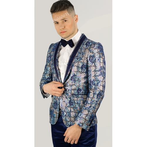 Giovanni Testi Turquoise / Navy / Silver Sequined / Laced Front Blazer With Bow Tie GT1SW-LACE