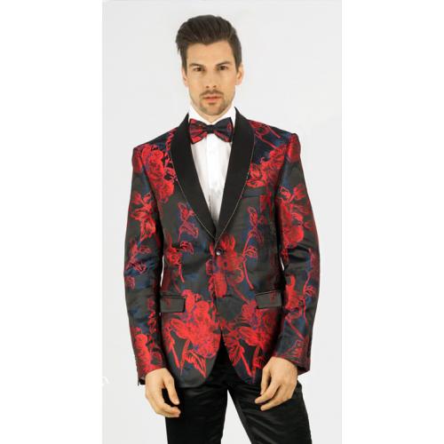 Giovanni Testi Black / Red / Navy / Silver Lurex Floral Print Blazer With Bow Tie FF2SS-YITAO