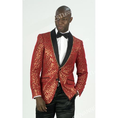 Giovanni Testi Red / Black / Gold Lurex / Sequined Shawl Collar Blazer With Bow Tie GT2SS-3631