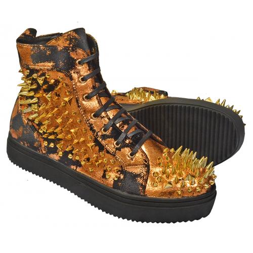 Fiesso Metallic Orange / Black Microsuede High Top Sneakers With Gold Spikes FI7189