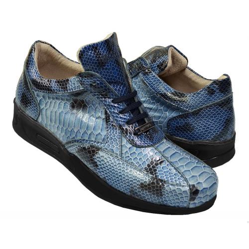 Mauri "Aquarium" M788 Wonder Blue Glazed Python Snakeskin Print Design Leather Sneakers.