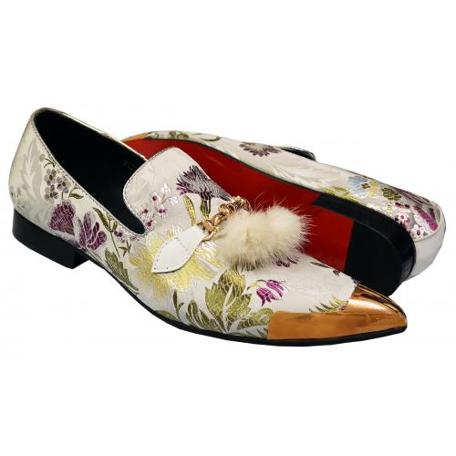 Fiesso White / Violet / Green / Metallic Gold Leather Loafers With Faux Fur Tassels FI7250