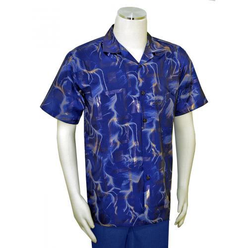 Pronti Navy Blue / Eggshell / Metallic Gold Abstract Design Short Sleeve Shirt S6303