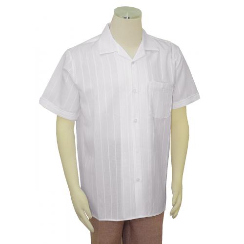 Pronti White Self Woven Multi Stripe Design Microfiber Short Sleeve Shirt S6233