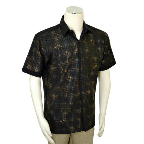 Pronti Black / Metallic Bronze Plaid Print Microfiber Short Sleeve Shirt S6307