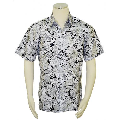 Pronti White / Black / Silver Lurex Abstract Floral Design Short Sleeve Shirt S63001