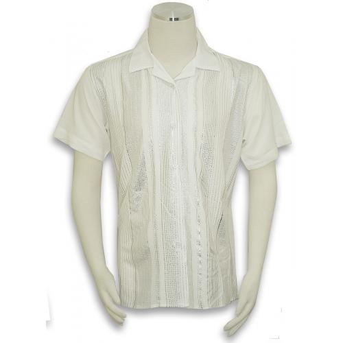 Pronti White / Metallic Silver Pinstripe Microfiber Short Sleeve Shirt S6308