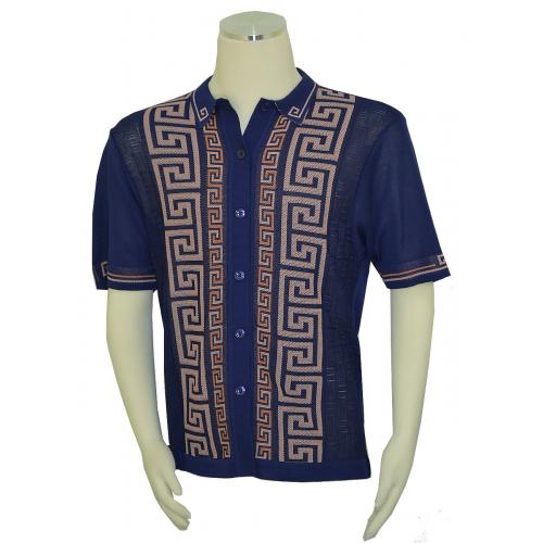 Silversilk Navy / Rose Pink / Cognac Greek Key Design Knitted Short Sleeve Shirt 4126