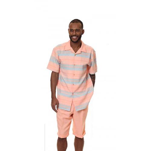 Montique Peach / Powder Blue Striped Woven Design Short Set Outfit 7872