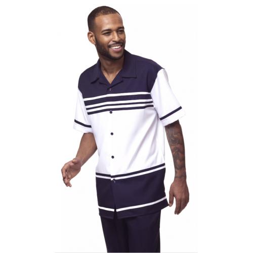 Montique Navy Blue / White Sectional Design Short Sleeve Outfit 1878
