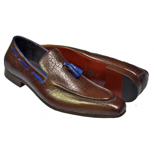 Carrucci Chocolate Brown / Navy Embossed Calfskin Loafer Shoes With Tassels KS1377-05BN