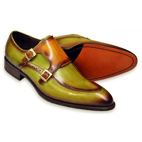 Carrucci Light Olive / Cognac / Brown Burnished Calfskin Double Monk Strap Shoes KS479-05.