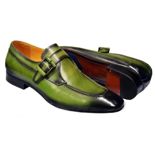 Carrucci Light Olive Green Hand Burnished Calfskin Monk Strap Shoes KS502-03