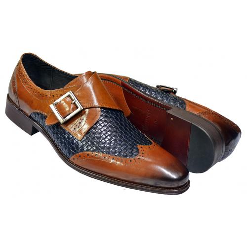 Carrucci Cognac / Navy Hand Burnished Woven Calfskin Monk Strap Shoes KS099-722T