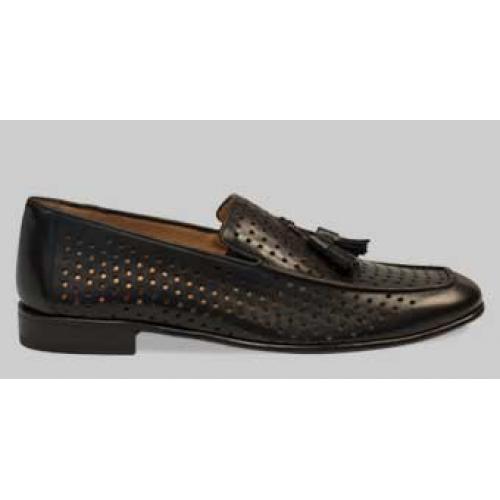 Mezlan "Xian" Black Genuine Perforated Italian Calfskin With Tassels Loafer Shoes 8292.