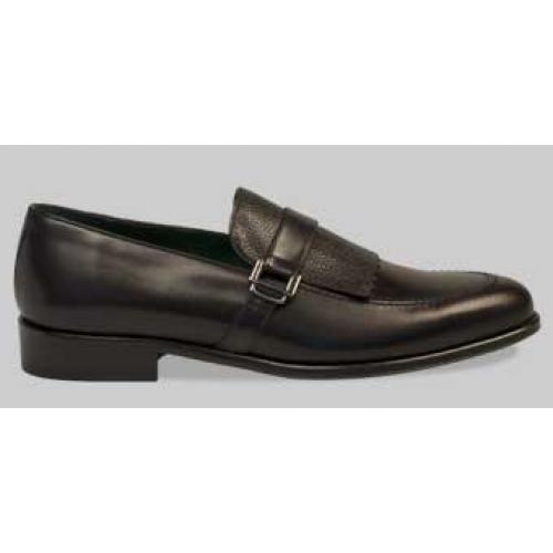 Mezlan "Octavio" Black Hand Burnished Genuine Calfskin With Kiltie Loafer Shoes 8238.