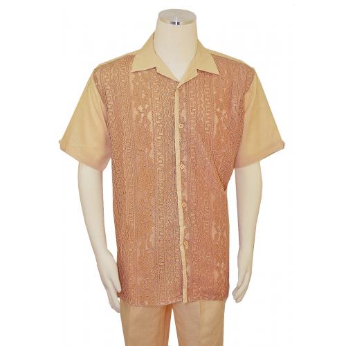 Successos Beige / Camel / Metallic Gold Emboidered Front Short Sleeve Linen Outfit SP3354