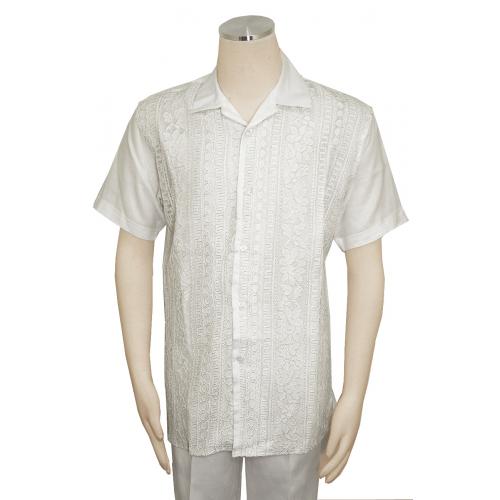 Successos White / Metallic Gold Emboidered Front Short Sleeve Linen Outfit SP3354