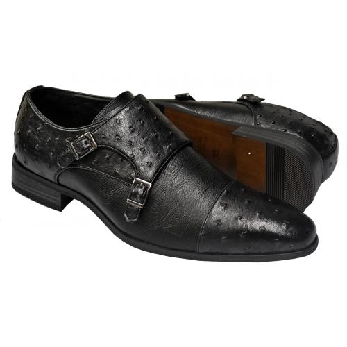 Tayno "Roma" Black Ostrich Print Vegan Leather Double Monk Strap Loafers