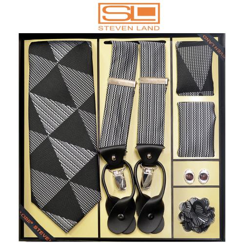 Steven Land G8 Black / Silver Grey Geometric Design Silk Necktie / Suspender Gift Set