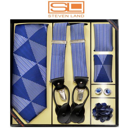 Steven Land G8 Blue / Silver Grey Geometric Design Silk Necktie / Suspender Gift Set