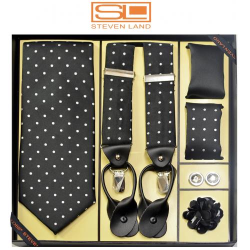 Steven Land G8 Black / White Polka Dot Silk Necktie / Suspender Gift Set