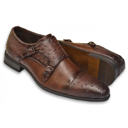 Tayno "Roma" Coffee Brown Burnished Ostrich Print Vegan Leather Double Monk Strap Loafers