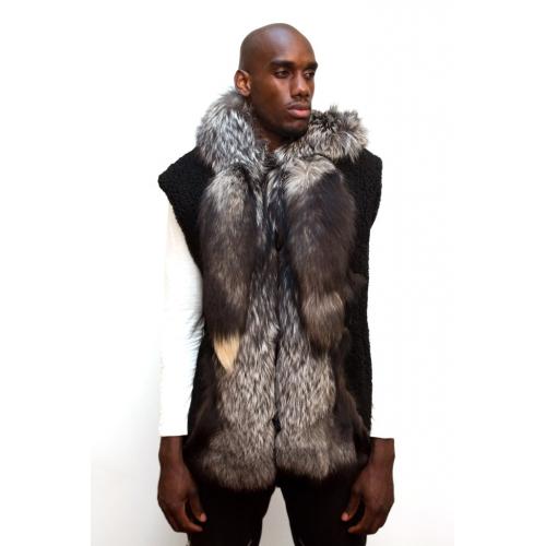 G-Gator Black Mouton Sheepskin Vest With Hood / Genuine Fox Fur 6500.