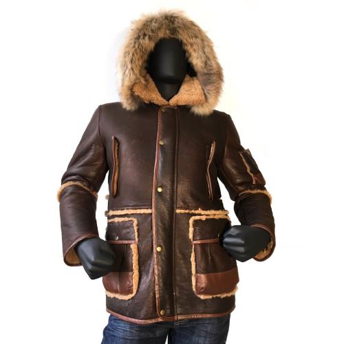G-Gator Brown Sheepskin Parka Jacket With Hood And Leather Trimming Style 3800.