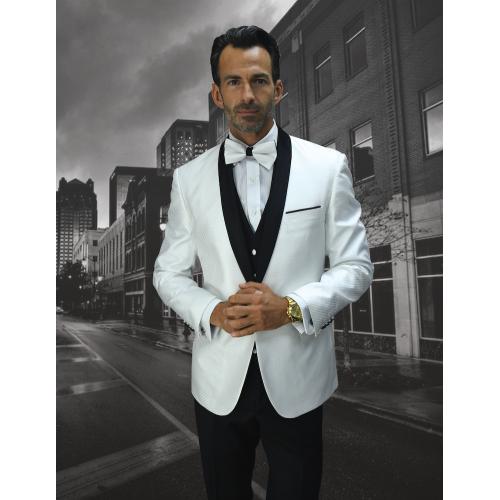 Statement "Bellagio" White / Black / Silver Super 150's Vested Modern Fit Tuxedo / Bow Tie