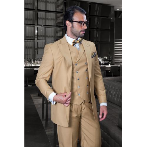 Statement "Florence" Solid Camel Super 150's Wool Vested Wide Leg Suit