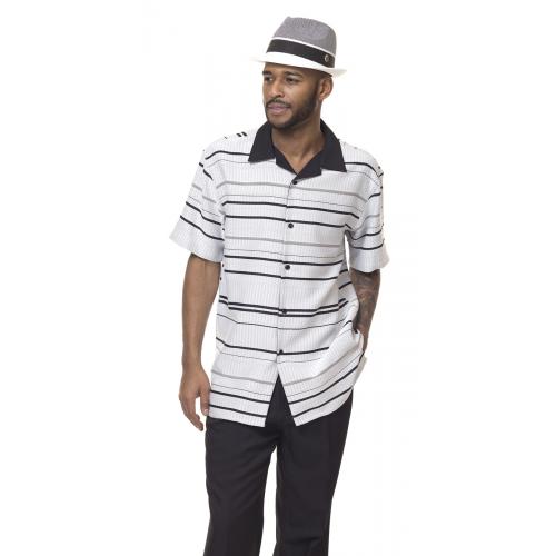 Montique Black / White Horizontal Striped Woven Front Short Sleeve Outfit 1843