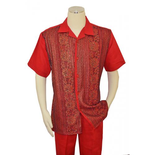 Successos Red / Navy / Gold Emboidered Front Short Sleeve Linen Outfit SP3353
