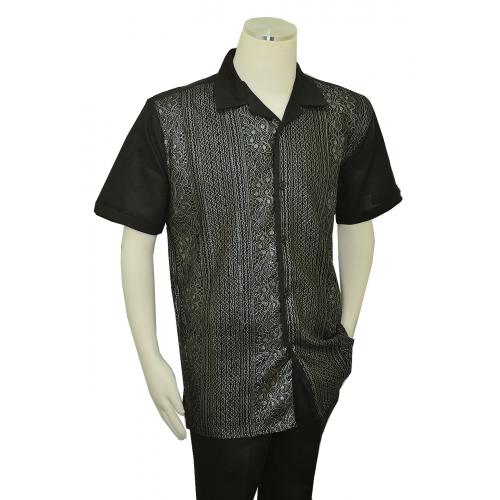 Successos Black / Silver Emboidered Front Short Sleeve Linen Outfit SP3353
