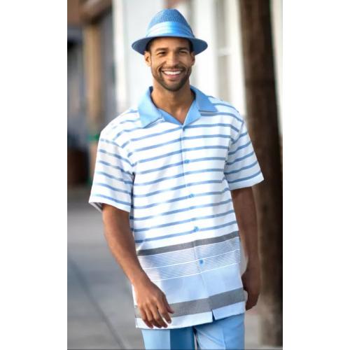 Montique Light Blue / White Horizontal Striped Woven Front Short Sleeve Outfit 1893