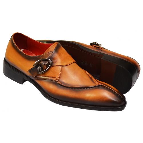 Fiesso Burnt Orange Burnished Calfskin Leather Monk Strap Split Toe Shoes FI8712