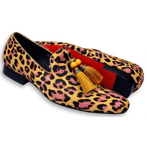 Fiesso Camel / Black / Pink / Yellow Leopard Print Pony Hair Loafers With Tassels FI7254