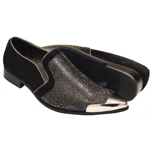 Bolano "Dezzy" Metallic Black Rhinestone Studded Metal Toe Microsuede Loafers