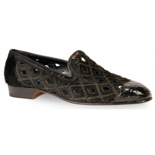 Mauri 4852 Black Genuine Crocodile Flank / Pony Hair Loafer Shoes.