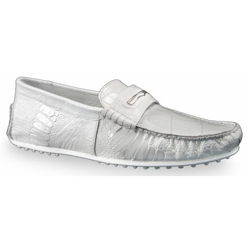 Mauri "3408" White Genuine Ostrich Leg / Body Alligator Loafer Casual Shoes.