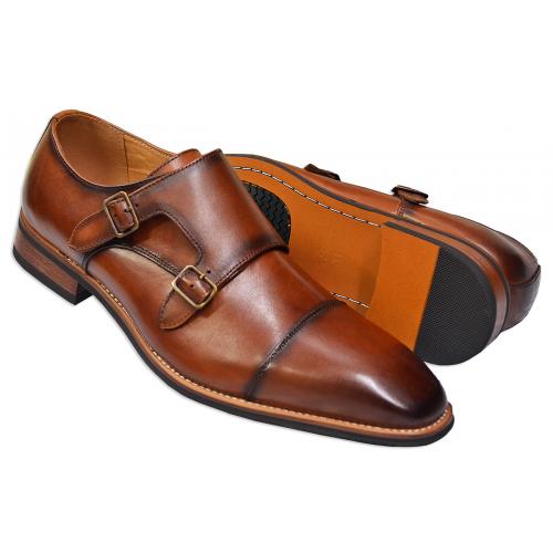 La Milano Cognac Burnished Calfskin Leather Cap Toe Toe Double Monk Strap Shoes A11641