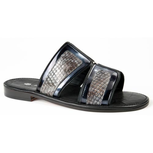 Mauri "5016" Black Genuine Soft Calf / Fabric / Grey Python Sandals.