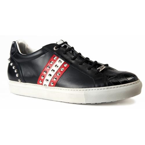 Mauri 8524 Black Genuine Baby Crocodile / Black Nappa / Red-White Nappa Leather Casual Sneakers With Metal Stud.