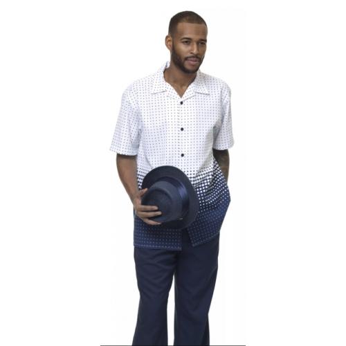 Montique Navy Blue / White Diamond / Polka Dot Woven Front Short Sleeve Outfit 1874